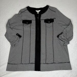 CJ Banks Black & White Striped Long Sleeve Zip Up Top Size 1X Classic Casual